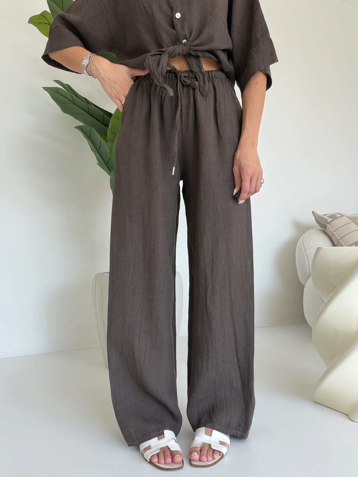 PANTALONE 100%LINO CHOCO