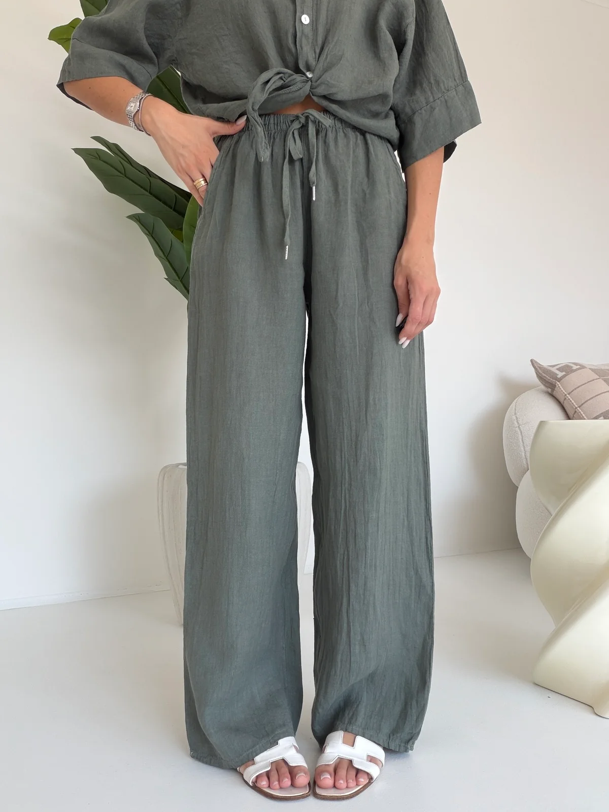 PANTALONE 100%LINO MILITARE