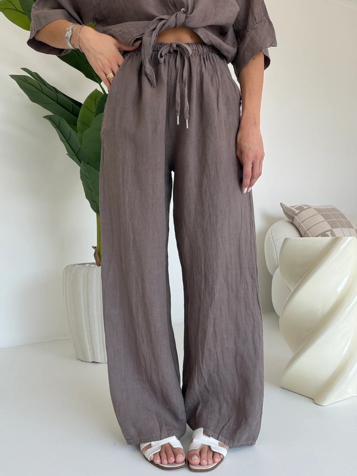 PANTALONE 100%LINO TAUPE