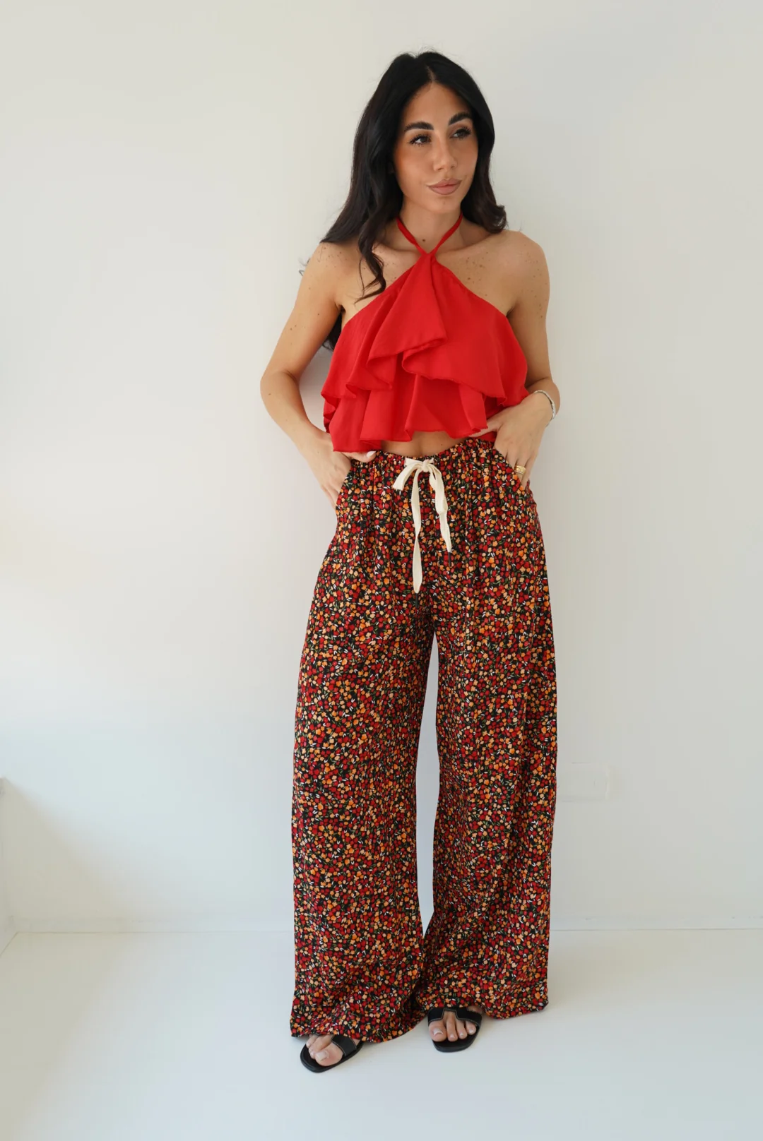 PANTALONE PALAZZO FLOWER-NERO