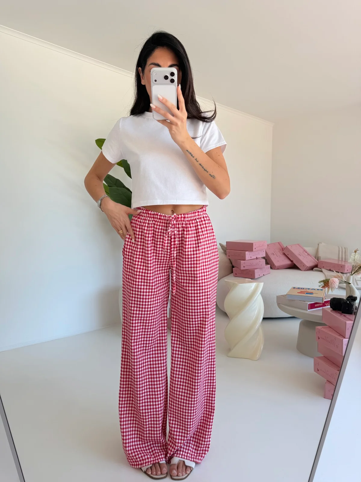 PANTALONE PALAZZO QUADRETTI CHERRY - Image 2