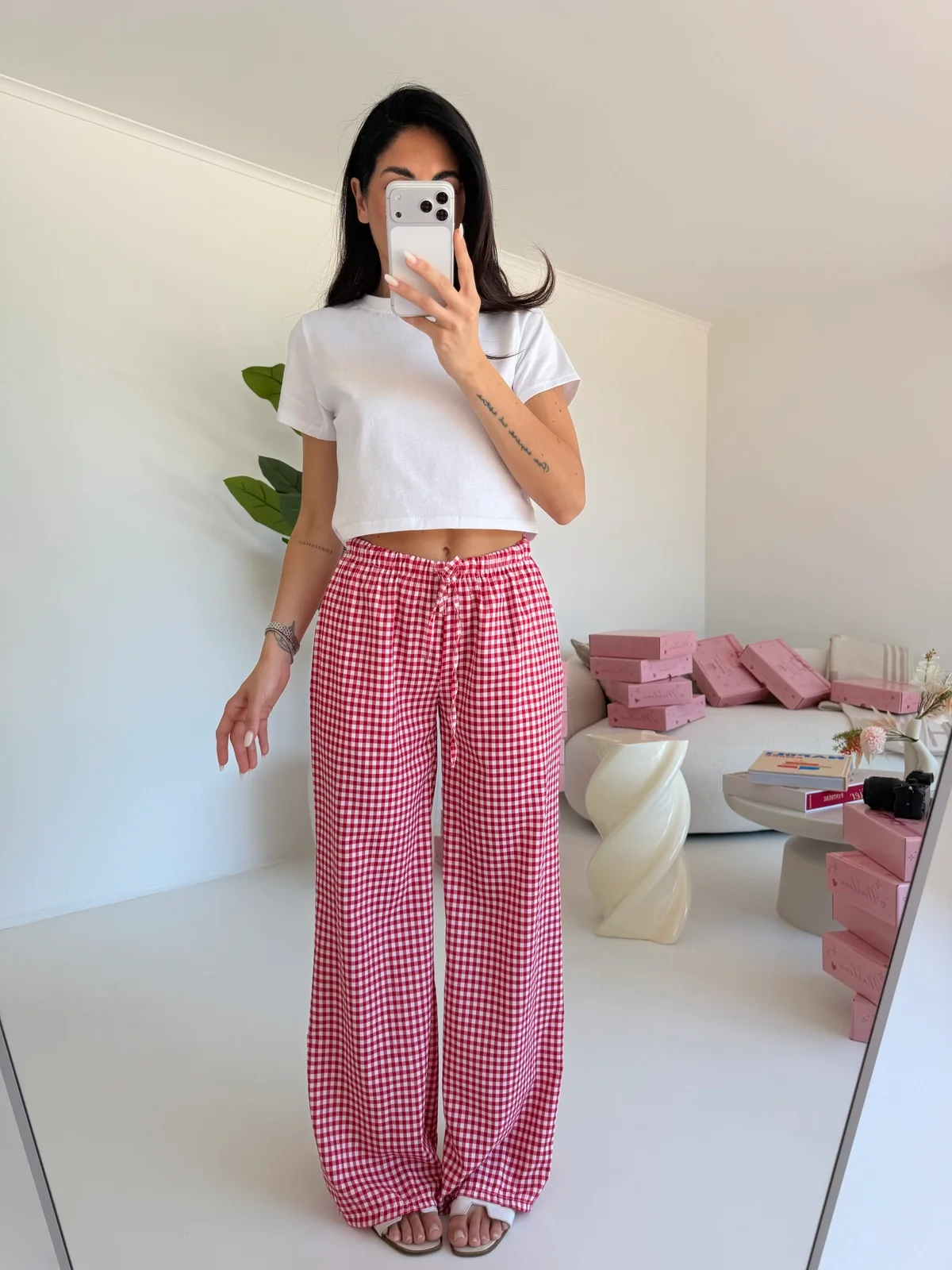 PANTALONE PALAZZO QUADRETTI CHERRY - Image 4